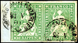 1857, 40 Rp. Sitzende Helvetia, Grün, Waagerechtes Paar - Dreiseitig Weißrandig Unten Leicht Berührt, Bogenecke Rechts O - Sonstige & Ohne Zuordnung