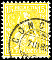 1881, 15 C. Dunkelgelb, Sitzende Helvetia, Tadellos Gestempelt "CONCISE 7.III.82", Attest Liniger AIEP, Mi. 450.-, Katal - Other & Unclassified