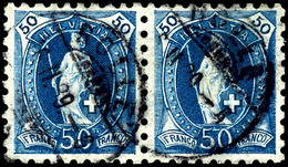 1888, 50 C. Stehende Helvetia Blau, Zähnung B, Kontrollzeichen 1X, Waagerechtes Paar, Tadellos Gestempelt "ROLLE 16.II.8 - Autres & Non Classés