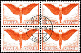 75 C. Flugpost Mit Geriffeltem Gummi, 4-er Block, Zentrisch Gestempelt "SION 2.VII.37", Tadellos, Signiert Moser-Räz, Mi - Altri & Non Classificati