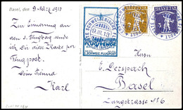 1913, 50 Cts. Flugpost Basel - Liestal In Mischfrankatur Mit 3 Cts. Und 2 Cts. Tellknabe Auf Karte Mit Entwertung "Erste - Altri & Non Classificati