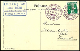 1913, Flugtag Biel 8.6., Offizielle Karte Nr. 3 Mit Blauem Cachet "Erste Flug Post BIEL-BERN..." Und 5 C. Tellknabe Mit  - Altri & Non Classificati
