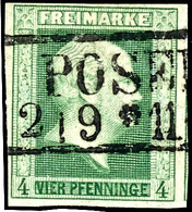 4 Pfennige Dunkelgrün, Farbfrisches Und Allseits Vollrandiges Kabinettstück, Klar Entwertet Mit Ra2 "POSEN 2/9" "Reg.-Be - Other & Unclassified