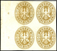 3 Sgr. Goldbronze, Ungezähnter Probedruck, Viererblock Vom Linken Bogenrand Mit Reihenzählern "6" Und "7", Farbfrisches  - Autres & Non Classés