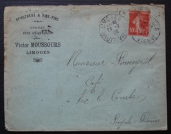 Limoges 1908 Victor Moussours Spiritueux & Vins Fins, Cognac Fine Champagne, Lettre Pour Vic Le Comte - 1877-1920: Periodo Semi Moderno