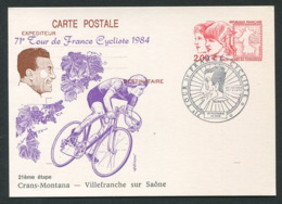 FRANCE 1984 - Carte Entier Postal - 71e Tour De France Cycliste - 21eme Etape Crans Montana - Villefranche Sur Saone - Overprinter Postcards (before 1995)