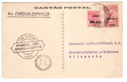 Brasil Bresil Premier Vol Condor Graf Zeppelin Europe Cachet 1.9.1931 Arrivée Friedrichshafen 7.9.31 Carte Postale - Luftpost (private Gesellschaften)