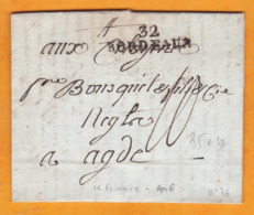 1797 - Marque Postale 32 Bordeaux, Gironde Sur LAC Vers Agde, Hérault - 1e République - 1701-1800: Vorläufer XVIII