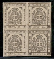 ANTICHI STATI ITALIANI - MODENA - 1859 - 15 Cent (13 - Bruno) In Quartina - Ottimi Margini - Gomma Integra - Cert. Diena - Autres & Non Classés