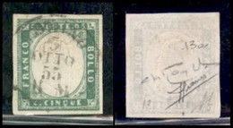 ANTICHI STATI ITALIANI - SARDEGNA - 1855 - 5 Cent Verde Giallo (13a) - Ben Marginato - Usato - Sorani + Cert Oro Raybaud - Andere & Zonder Classificatie