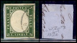 ANTICHI STATI ITALIANI - SARDEGNA - 1862 - 5 Cent Verde Bronzo (13Dd) - Su Frammento - Raybaudi (1000) - Other & Unclassified