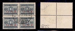 REPUBBLICA SOCIALE ITALIANA - G.N.R. BRESCIA - Segnatasse - 1943 - 60 Cent (54/I) - Quartina Usata - Cert. Oro Raybaudi  - Other & Unclassified