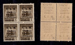 C.L.N. - VALLE BORMIDA - 1945 - Soprastampa Modificata - 5 Cent (1A) In Quartina - Gomma Integra - Cert. AG (18.000+) - Altri & Non Classificati