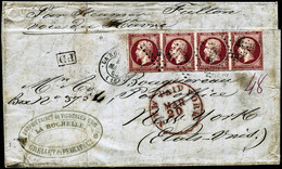 Lettre N°17B Bande De 4, PC 2706 + Càd Type 15, La Rochelle 04/03/60 Pour New-York Filets Touchés, Plaisant - B - 1853-1860 Napoléon III