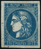 ** N°46B 20c Bleu, Type III R2, Pièce De Luxe Signé Roumet - TB - 1870 Bordeaux Printing