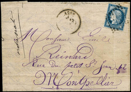 Lettre N°60B 25c Bleu, Type II Sur LAC, Agde 12/11/73 1ère Date Connue - TB - 1871-1875 Ceres