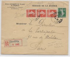 1912 - ENVELOPPE De SERVICE DE LA JUSTICE RECOMMANDEE De CHAMBERY (SAVOIE) => PARIS - SEMEUSES - 1906-38 Säerin, Untergrund Glatt