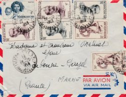 Enveloppe, 7 Timbres : Général Gallieni, Types Betsimisakara Et Danseur Du Sud - 1953 - Cachet Tananarive - Briefe U. Dokumente