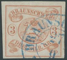 BRAUNSCHWEIG 3 O, 1852, 3 Sgr. Orangerot, Blauer K2 BRAUNSCHWEIG, Winzige Eckbugspur Sonst Pracht, Signiert, Mi. 350.- - Braunschweig