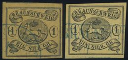 BRAUNSCHWEIG 6aY,b O, 1853, 1 Sgr. Schwarz Auf Sämisch, Wz. Mundstück Nach Links Und Auf Braungelb, 2 Prachtwerte, Mi. 1 - Braunschweig