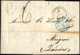 HAMBURG - THURN UND TAXISCHES O.P.A. 1864, HAMBURG TH & T, K1 Auf Brief Nach Mugron, Blauer Tour-T-Stempel, Rückseitig M - Préphilatélie