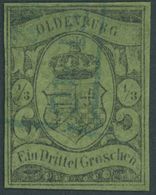 OLDENBURG 5 O, 1859, 1/3 Gr. Schwarz Auf Grünlicholiv, Stark Repariert, Gepr. Berger, Mi. (3600.-) - Oldenburg