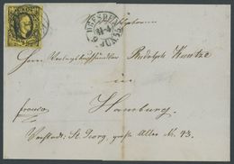 SACHSEN 6 BRIEF, 1855, 3 Ngr. Schwarz Auf Mittelolivgelb, Prachtstück Auf Brief Von DRESDEN Nach Hamburg - Saxony