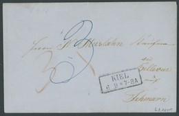 SCHLESWIG-HOLSTEIN 1851, KIEL, R2 Auf Briefhülle Nach Fehmarn, Taxvermerke In Rot Und Blau, Kabinett - [Voorlopers