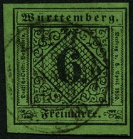 WÜRTTEMBERG 3y O, 1851, 6 Kr. Gelblichgrünes Seidenpapier, Pracht, Gepr. Heinrich, Mi. 110.- - Other & Unclassified