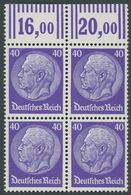 Dt. Reich 472WOR VB **, 1932, 40 Pf. Hindenburg, Walzendruck, Im Oberrandviererblock, Postfrisch, Pracht, Mi. 600.- - Sonstige & Ohne Zuordnung