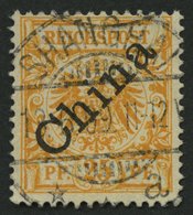 DP CHINA 5Ia O, 1898, 25 Pf. Gelblichorange Diagonaler Aufdruck, Zentrischer Schweizer Stempel SHANGHAI A, Kleine Schürf - Cina (uffici)