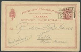 DEUTSCHE SCHIFFSPOST DK BRIEF, KORSØR-KIEL No. 1, R3 Auf Dänischer 10 Ø Ganzsachenkarte (1889) Von KOPENHAGEN Nach Fulda - Schiffahrt