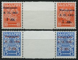MAKEDONIEN 1,2ZW **, 1944, 1 Auf 10 St. Orangerot Und 3 Auf 15 St. Hellblau, Je Im Waagerechten Zwischenstegpaar, Pracht - Occupation 1938-45