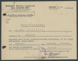 DT. GESCHICHTE/PROPAGANDA 1919-45 1943, NSDAP Hitler-Jugend-Bestätigung Aus LICHTENFELS Zur Mitnahme Der Schier In Bahn  - Other & Unclassified