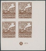 MECKLENBURG-VORPOMMERN 35xaDZ **, 1946, 10 Pf. Lebhaftsiena, Kreidepapier, Im Eckrandviererblock Mit Druckereizeichen, P - Autres & Non Classés