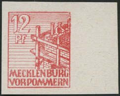 MECKLENBURG-VORPOMMERN 36xaU **, 1946, 12 Pf. Dunkelgraurot, Kreidepapier, Ungezähnt, Rechtes Randstück, Pracht, Mi. (60 - Autres & Non Classés