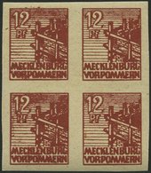 MECKLENBURG-VORPOMMERN 36ydU VB **, 1946, 12 Pf. Braunrot, Graues Papier, Ungezähnt, Im Viererblock, Pracht, R!, Fotoatt - Autres & Non Classés