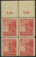 MECKLENBURG-VORPOMMERN 36zb VB **, 1946, 12 Pf. Rot, Dünnes Papier, Im Viererblock Vom Oberrand, Pracht, Gepr. Kramp, Mi - Other & Unclassified