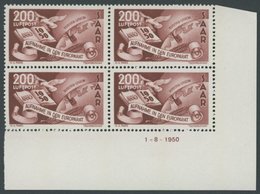 SAARLAND 298Br **, 1950, 200 Fr. Flugpost Im Viererblock Aus Der Rechten Unteren Bogenecke Mit Druckdatum, Pracht - Altri & Non Classificati