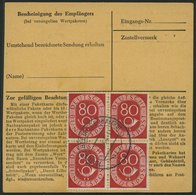 BUNDESREPUBLIK 137 VB BRIEF, 1954, 80 Pf. Posthorn Im Viererblock Rückseitig Mit 50 Pf. Zusatzfrankatur Auf Paketkarte A - Used Stamps