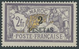 FRANZ.POST IN MAROKKO 17 *, 1902, 2 Pta. Auf 2 Fr. Violett/gelb, Falzrest, Pracht, Mi. 140.- - Sonstige & Ohne Zuordnung