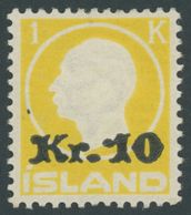 ISLAND 111 *, 1924, 10 Kr. Auf 1 Kr. Gelb, Falzrest, Pracht - Autres & Non Classés