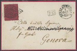KIRCHENSTAAT 23b BRIEF, 1869, 20 C. Schwarz Auf Braunrosa Auf Kleinem Dekorativen Brief Von CIVITAVECCHIA Nach Genua, Pr - Estados Pontificados