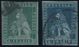 TOSCANA 6xb,7x O, 1851, 4 Cr. Blaugrün Und 6 Cr. Dunkelblau, Blaues Papier, 2 Werte Feinst, Mi. 420.- - Toskana