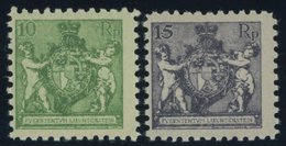 LIECHTENSTEIN 50A,52A **, 1921, 10 Rp. Dunkelgelblichgrün Und 15 Rp. Schwarzgrauviolett, Gezähnt L 91/2, Postfrisch, 2 P - Sonstige & Ohne Zuordnung