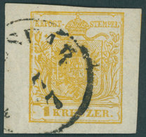 ÖSTERREICH BIS 1867 1Xd O, 1850, 1 Kr. Kadmiumgelb, Handpapier, Type III, Linkes Randstück 5 Mm, K1 (TEME)SVAR, Meist Ri - Usados