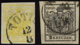 ÖSTERREICH 1,2Ya O, 1854, 1 Kr. Gelb Und 2 Kr. Schwarz, Maschinenpapier, 2 Prachtwerte, Mi. 200.- - Oblitérés