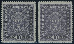ÖSTERREICH 1867-1918 203Ia,b *, 1916, 10 Kr. Schwarzgrauviolett Und Schwarzbraunviolett, Falzrest, 2 Prachtwerte, Mi. 95 - Gebraucht