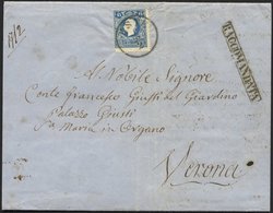 LOMBARDEI UND VENETIEN 10/1II BRIEF, 1860, 15 So. Blau Und 10 So. Lilabraun (rückseitig), Type II, Auf Gesiegeltem Brief - Lombardije-Venetië