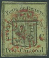 GENF 4 O, 1846, 5 C. Schwarz Auf Lebhaftgelboliv Großer Adler, Dünne Stelle Behoben, Feinst, Mi. 1700.- - 1843-1852 Timbres Cantonaux Et  Fédéraux